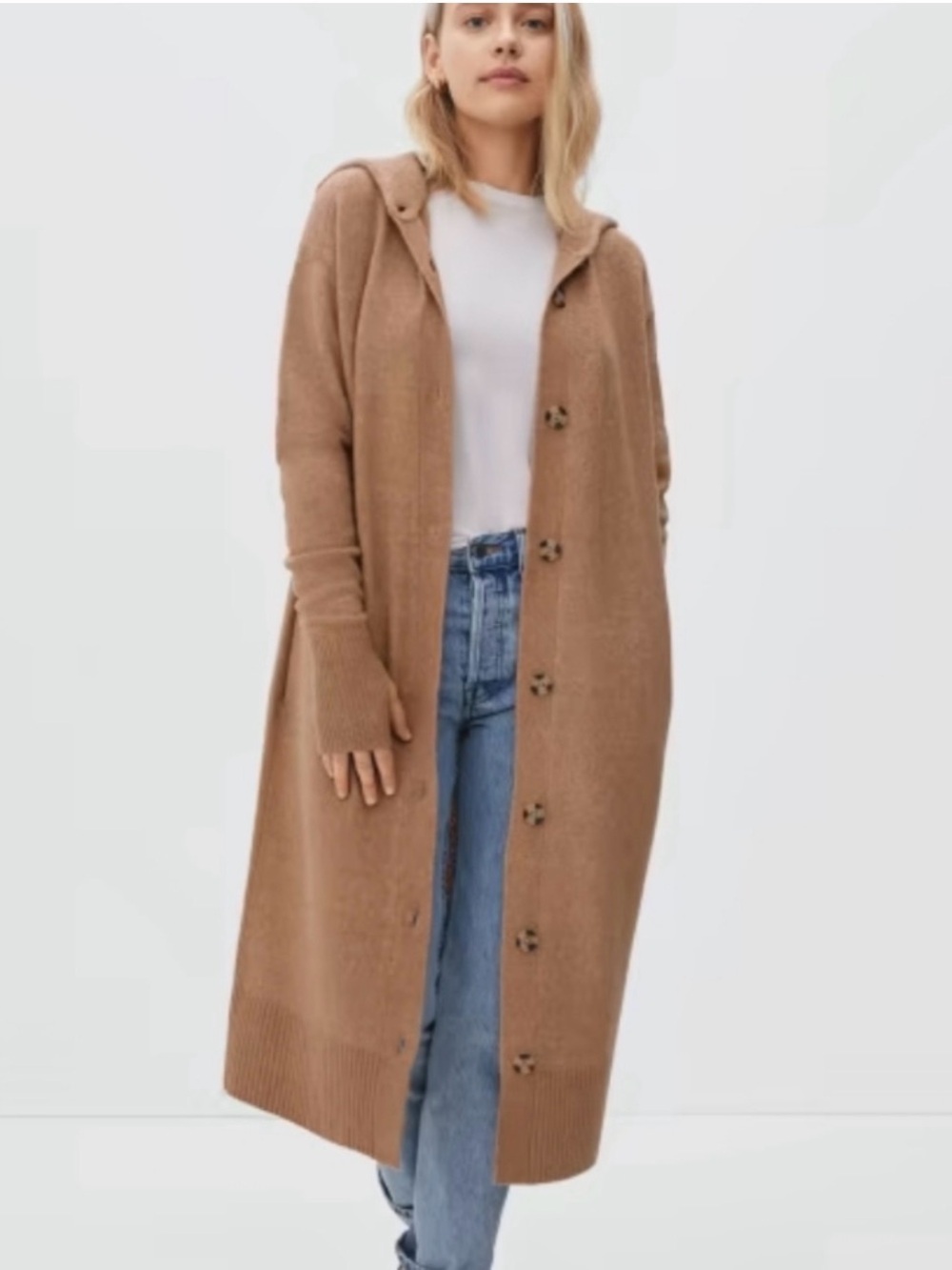 Everlane Cardigan Camel Brown Hooded Button Front Thumbholes Wool XS